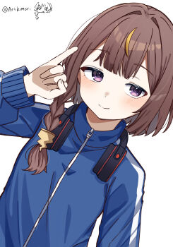 Rule 34 | 1girl, alternate costume, anya melfissa, artkimori, blonde streaks, blue jacket, braid, brown hair, closed mouth, commentary, dutch angle, english commentary, headphones, headphones around neck, highres, hololive, hololive indonesia, jacket, kris hair ornament, light blush, long hair, long sleeves, looking at viewer, multicolored hair, pinky out, purple eyes, side braid, signature, simple background, smile, solo, track jacket, upper body, virtual youtuber, white background, zipper pull tab