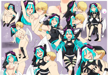 1boy 1girl arm_up armpit_sex armpits arms_up ass blue_hair blush breast_sucking breasts censored character_request cleavage closed_eyes clothed_female_nude_male dark_priest grabbing_another&#039;s_breast groping hetero highres horns ivan_cap_(ivancyxic) kiss licking licking_another&#039;s_face licking_armpit long_hair monster_girl_encyclopedia nude penis pointy_ears red_eyes segmented_horns sex sex_from_behind shoes smile tail thighhighs wings