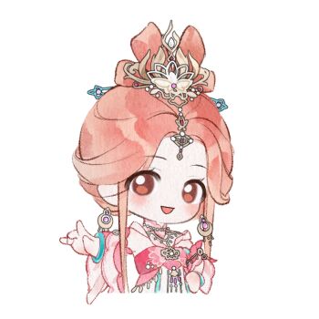 Rule 34 | 1girl, artist request, bare shoulders, bow-shaped hair, bracelet, brown eyes, chibi, chinese clothes, chinese hairpin, collar, cropped torso, detached collar, detached sleeves, dress, earrings, eyelashes, forehead jewel, frilled sleeves, frills, gold earrings, gold necklace, hair bun, hair ornament, hand on own hip, happy, hoop earrings, infinity nikki, jewelry, light blush, long sidelocks, long sleeves, looking at viewer, mandarin collar, moonlit immortal (infinity nikki), necklace, nikki (series), official art, open mouth, orange hair, outstretched hand, painterly, pink collar, pink dress, pink sleeves, short hair with long locks, sidelocks, single hair bun, smile, solo, sticker (medium), strapless, strapless dress, tareme, transparent background, updo, wide sleeves