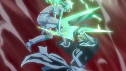 2boys 3girls animated anime_screenshot ass bleach bleach:_sennen_kessen-hen breasts candice_catnipp cleavage elbow_gloves electricity energy energy_sword energy_weapon energy_wings giselle_gewelle gloves glowing green_eyes green_hair halo hat kurosaki_ichigo large_breasts liltotto_lamperd long_hair matching_hair/eyes meninas_mcallon midriff multiple_boys multiple_girls navel peaked_cap revealing_clothes saliva sideboob sword tagme video weapon wings