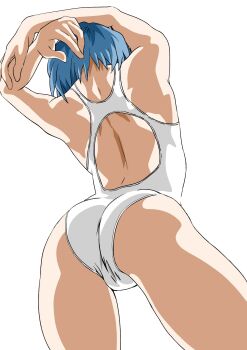 1girl arms_behind_head arms_up ass ayanami_rei back_cutout blue_hair breasts cameltoe clothing_cutout coat competition_swimsuit from_behind highres legs neon_genesis_evangelion one-piece_swimsuit solo source_request swimsuit yuutaku