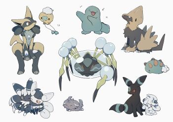 alcremie alternate_color araquanid closed_mouth commentary_request drifloon espurr gen_2_pokemon gen_3_pokemon gen_4_pokemon gen_6_pokemon gen_7_pokemon gen_8_pokemon highres looking_up lucario manectric meowstic meowstic_(female) meowstic_(male) nintendo nodori710 pokemon pokemon_(creature) pyukumuku quagsire shiny_pokemon sitting toes umbreon