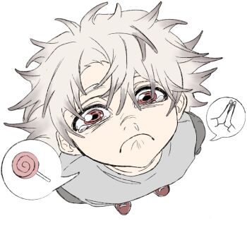 Rule 34 | 1boy, :c, aida20489399, commentary, english commentary, from above, frown, full body, gachiakuta, grey hair, highres, looking up, male focus, red eyes, rudo surebrec, shirt, short hair, simple background, snot, solo, spoken food, standing, tearing up, white background