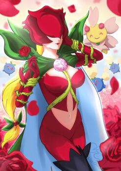 Rule 34 | cape, cherrim, cherrim (sunshine), covered eyes, crossover, digimon, digimon (creature), flower, gen 2 pokemon, gen 4 pokemon, jumpluff, liberationknight, mask, nintendo, petals, pokemon, pokemon (creature), rosemon