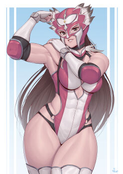 1girl absurdres biceps black_panties breasts brown_eyes brown_hair commission covered_abs elbow_pads feather_trim fingerless_gloves flexing gloves highres jaguar jaycee_(tekken) julia_chang leotard long_hair luchador_mask mask medium_breasts multicolored_leotard muscular muscular_female o-ring o-ring_leotard panties panties_under_leotard solo speedl00ver tekken tekken_tag_tournament_2 thick_thighs thighhighs thighs underwear white_gloves white_thighhighs wrestling_mask wrestling_outfit