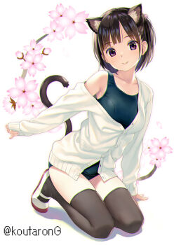 1girl animal_ears black_hair black_thighhighs blue_one-piece_swimsuit breasts cardigan cat_ears cat_girl cat_tail closed_mouth commentary_request flower full_body head_tilt koutaro long_sleeves looking_at_viewer off_shoulder one-piece_swimsuit original pink_flower purple_eyes school_swimsuit shadow shoes simple_background sleeves_past_wrists small_breasts smile solo swimsuit swimsuit_under_clothes tail thighhighs uwabaki white_background white_cardigan white_shoes