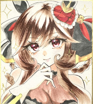 1girl absurdres animal_ears bare_shoulders braid braided_hair_rings breasts brown_hair cleavage closed_mouth detached_sleeves dress ear_covers ear_ornament gentildonna_(regina_dei_fiori)_(umamusume) gentildonna_(umamusume) gloves hair_between_eyes hair_ornament hair_rings heart-shaped_ornament heart_ear_ornament highres horse_ears horse_girl large_breasts long_hair looking_at_viewer photo_(medium) red_eyes see-through_cleavage see-through_clothes setsuna_rio smile solo sparkle traditional_media umamusume white_gloves