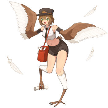 1girl absurdres bag bare_shoulders bird_legs bird_tail blush breast_pocket brown_feathers brown_hair commentary_request crop_top detached_sleeves feathers green_eyes hair_between_eyes harpy hat highres holding_with_feet mailbag messenger_bag midriff monster_girl navel open_mouth original pocket scallop_(weda7333) scroll shirt short_hair shorts shoulder_bag sleeveless sleeveless_shirt solo standing standing_on_one_leg tail talons two-tone_wings white_feathers white_shirt