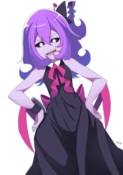 Rule 34 | 1girl, absurdres, artist name, back bow, black bow, black dress, black sclera, bow, collared dress, colored sclera, commentary request, cowboy shot, double-parted bangs, dress, dutch angle, eesu, fangs, flipped hair, flipped sidelocks, hair between eyes, hair bow, hands on own hips, highres, inward flipped hair, light frown, long dress, looking at viewer, musume (yuunama), neck ribbon, no pupils, one side up, open mouth, pink bow, pink ribbon, purple hair, ribbon, sidelocks, simple background, sleeveless, sleeveless dress, smirk, solo, standing, teeth, white background, white eyes, wing collar, wristband, yuusha no kuse ni namaiki da