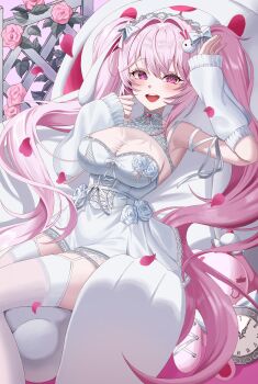 1girl absurdres alice_(marchen_dream)_(nikke) alice_(nikke) arm_warmers blush breasts choker cleavage clock commentary dress flower garter_straps goddess_of_victory:_nikke hair_ornament hairband heart heart_choker highres large_breasts long_hair looking_at_viewer official_alternate_costume open_mouth petals pink_eyes pink_flower pink_hair rabbit_hair_ornament see-through_cleavage see-through_clothes smile solo stuffed_animal stuffed_rabbit stuffed_toy teeth thighhighs twintails upper_teeth_only very_long_hair white_arm_warmers white_dress white_garter_straps white_hairband white_thighhighs yurang_heart