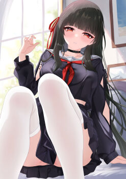 1girl absurdres arm_cutout arm_support black_choker black_hair black_serafuku black_shirt black_skirt blunt_bangs blush breasts cg_xiao_baishu chinese_commentary chisa_(wuthering_waves) choker clothing_cutout commentary_request hair_ribbon hand_up highres indoors knees_up large_breasts long_hair looking_at_viewer neckerchief orange_eyes panties panty_peek parted_lips partial_commentary red_neckerchief red_ribbon ribbon sailor_collar school_uniform serafuku shirt sitting skirt solo tacet_mark_(wuthering_waves) thighhighs underwear white_sailor_collar white_thighhighs window wuthering_waves