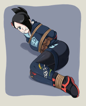 1girl absurdres arms_behind_back ass bdsm black_hair blue_eyes blush body_blush bondage bound bound_ankles cleave_gag cloth_gag gag gagged hair_ornament hair_over_one_eye highres improvised_gag lost_one_zero mai_(pokemon) nintendo pokemon pokemon_legends:_arceus rope shoes