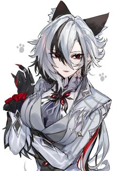 1girl absurdres animal_ears arlecchino_(genshin_impact) black_eyes black_hair cat_ears colored_extremities cross-shaped_pupils frilled_sleeves frills genshin_impact grey_hair grey_jacket highres inishie_no_tanaka jacket long_sleeves looking_at_viewer multicolored_hair paw_print ponytail red_nails red_pupils silver_trim solo symbol-shaped_pupils two-tone_hair white_background
