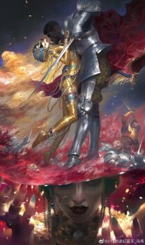 1girl 5boys armor black_hair blood commentary english_commentary feng_wei full_armor gem gold_bodysuit gold_skin holding holding_sword holding_weapon jewelry jibaro_(love_death_+_robots) multiple_boys pearl_(gemstone) short_hair silver_armor siren_(jibaro) skull sword weapon