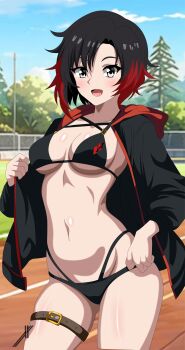1girl :d absurdres artist_logo bikini black_bikini black_hair black_jacket blue_sky blush breasts cloud cowboy_shot day grey_eyes highres hood hooded_jacket indexryo jacket logo medium_breasts multicolored_hair navel open_clothes open_jacket open_mouth outdoors red_hair ruby_rose running_track rwby short_hair sky smile solo stomach swimsuit thigh_strap tree two-tone_hair