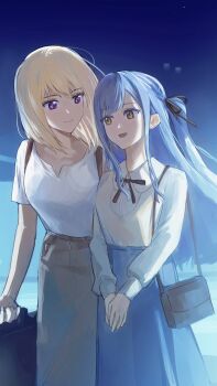 Rule 34 | 2girls, backpack, bag, bang dream!, bang dream! it's mygo!!!!!, black ribbon, blonde hair, blue hair, breasts, brown bag, brown skirt, closed mouth, commentary, cropped, grey skirt, hair ribbon, hashtag-only commentary, highres, instrument case, long hair, long sleeves, medium hair, misumi uika, multiple girls, neck ribbon, open mouth, purple eyes, ribbon, shirt, short hair, shoulder bag, sidelocks, skirt, togawa sakiko, white shirt, xinyi6239222644, yellow eyes