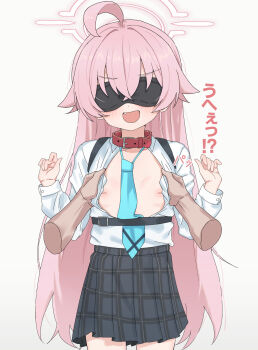 1girl ahoge aog blindfold blue_archive collar halo highres hoshino_(blue_archive) loli long_hair necktie pink_hair shirt skirt variant_set white_shirt