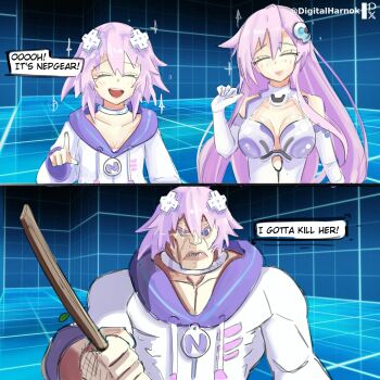 2girls bare_shoulders blush breasts choker cleavage_cutout closed_eyes closed_mouth clothing_cutout commentary compile_heart d-pad d-pad_hair_ornament digitalharnok elbow_gloves english_commentary english_text eyelashes gloves hair_ornament highres holding holding_weapon hood hooded_track_jacket hoodie idea_factory jacket leotard long_hair medium_breasts multiple_girls nepgear neptune_(neptunia) neptune_(series) open_mouth purple_hair purple_sister shin_jigen_game_neptune_vii short_hair siblings sisters smile spoilers sword track_jacket twitter_username usb weapon white_choker white_leotard wooden_sword