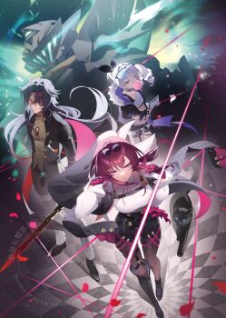 1boy 2girls absurdres black_gloves black_hair black_shorts blade_(honkai:_star_rail) breasts closed_mouth fingerless_gloves gloves grey_eyes grey_hair haniwa_(70960764) highres holding honkai:_star_rail honkai_(series) kafka_(honkai:_star_rail) looking_at_viewer multiple_girls purple_hair red_eyes sam_(honkai:_star_rail) shirt shorts silver_wolf_(honkai:_star_rail) smile white_shirt