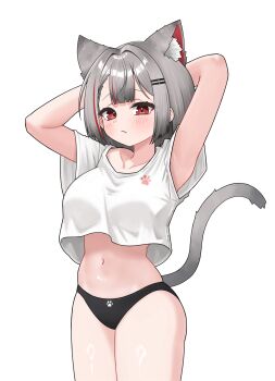 Rule 34 | 1girl, absurdres, animal ear fluff, animal ears, arms behind head, arms up, bilingual commentary, black panties, blush, breasts, cat girl, center-flap bangs, closed mouth, commentary, cowboy shot, crop top, crop top overhang, cropped shirt, double-parted bangs, english commentary, front-print panties, grey hair, hair ornament, hairclip, highres, korean commentary, kururin (vjkyb6464), looking at viewer, medium hair, midriff, mixed-language commentary, multicolored hair, navel, neneko mashiro, no pants, panties, parallel hairclips, paw panties, print panties, red eyes, shirt, simple background, solo, standing, stellive, streaked hair, underwear, virtual youtuber, white background, white shirt