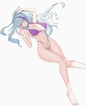 1girl absurdres azur_lane bikini breasts cameltoe choker commentary_request foot_out_of_frame grey_hair hair_over_one_eye high_ponytail highleg highleg_bikini highres hoshitatsu large_breasts long_hair looking_at_viewer multicolored_hair navel official_alternate_costume ponytail purple_bikini purple_choker purple_eyes purple_hair simple_background solo streaked_hair swimsuit two-tone_hair unzen_(azur_lane) unzen_(sojourn_through_clear_seas)_(azur_lane) white_background