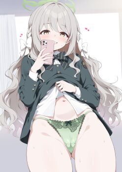 1girl absurdres blue_archive blush bow bowtie breasts bushinofuji buttons cellphone clothes_lift commentary_request diagonal-striped_bow diagonal-striped_bowtie diagonal-striped_clothes gluteal_fold green_halo green_panties grey_hair grin hair_bow halo heart highres holding holding_phone jacket lifting_own_clothes long_hair long_sleeves looking_at_viewer miyo_(blue_archive) navel no_pants panties phone shirt shirt_lift smartphone smile solo stomach striped_bow striped_bowtie striped_clothes thighs underwear white_bow white_shirt