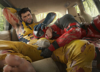 2boys appas arm_up armpit_hair armpits artist_name bara beard blood blood_on_arm blue_gloves bodysuit brown_hair bulge car_interior commentary deadpool deadpool_&amp;_wolverine deadpool_(series) english_commentary erection erection_under_clothes facial_hair feet gloves half-closed_eyes head_grab highres injury large_pectorals licking licking_through_clothes male_focus male_underwear marvel marvel mask multiple_boys muscular muscular_male nipples pectorals red_bodysuit red_mask short_hair sitting smirk teeth toes tongue tongue_out torn_bodysuit torn_clothes underwear wolverine_(x-men) x-men yaoi yellow_bodysuit