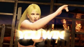 1girl 3d animated animated_gif bare_arms bare_legs bare_shoulders barefoot bikini blonde_hair bouncing_breasts breasts cleavage feet female_focus fire foot_focus jiggle lightning looping_animation navel night official_alternate_costume official_art ponytail sarah_bryant sega soles swimsuit toes victory_pose virtua_fighter