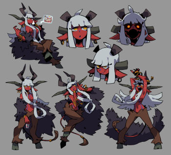 1girl baphomet_(niking) bracelet colored_skin demon earrings goat_legs gold highres horizontal_pupils horns jewelry long_hair long_pointy_ears mixed_horns multiple_horns multiple_views niking original pointy_ears red_skin tail topless_female very_long_hair white_hair yellow_eyes