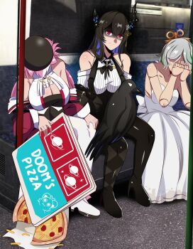 3girls absurdres animal_ears asymmetrical_horns beret bird black_hair black_hat black_tube_top blue_hair brand_name_imitation breasts cecilia_immergreen chattino_(raora_panthera) cleavage clothing_cutout colored_inner_hair covering_own_face crow demon_horns doll_joints domino's_pizza doom_(mage_arena) dress dvljoe food french_fries fresh_pizza_girl_meets_raven_girl_(meme) full_body green_hair grey_hair hashtag-only_commentary hat highres hololive hololive_english horns huge_breasts joints leaning_forward long_hair looking_at_viewer meme multicolored_hair multiple_girls nerissa_ravencroft nerissa_ravencroft_(1st_costume) panther_ears panther_girl photo-referenced photo_background pink_hair pizza pizza_box raora_panthera raora_panthera_(1st_costume) red_eyes ribbed_shirt shadow_(nerissa_ravencroft) shirt shoulder_cutout sitting sleeping strapless streaked_hair subway tube_top uneven_horns virtual_youtuber white_dress winding_key