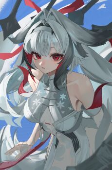 1girl arched_back bare_shoulders breasts china_dress chinese_clothes collarbone cowboy_shot dress droopy_ears grey_hairband hairband highres kwak0729 leaning_forward looking_at_viewer medium_breasts parted_lips red_eyes red_ribbon ribbon sleeveless sleeveless_dress solo white_background white_dress white_hair ye_shunguang zenless_zone_zero