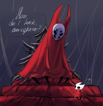 1girl 1other ? aged_down boopie character_request child cloak english_text highres hollow_eyes hollow_knight hollow_knight:_silksong horned_mask hornet_(hollow_knight) looking_at_another mask red_cloak sitting speech_bubble spoken_question_mark white_mask