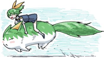 Rule 34 | 1girl, blue skirt, blue vest, bow, closed eyes, colored skin, cookie (touhou), daiyousei, diyusi (cookie), full body, green hair, hair bow, lowres, man (man-room), open mouth, running, shirt, skirt, skirt set, socks, solo, sukusuku hakutaku, touhou, vest, white shirt, white skin, white socks, yellow bow