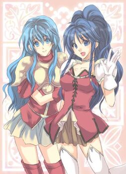 Rule 34 | 2girls, blue eyes, blue hair, braid, eirika (fire emblem), fire emblem, fire emblem: the sacred stones, gloves, holding another's arm, kosato, long hair, looking at viewer, multiple girls, nintendo, ponytail, side braid, skirt, tana (fire emblem), waving
