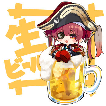 1girl :d absurdres alcohol arrow_(projectile) arrow_through_heart bare_shoulders beer beer_mug bicorne black_hat black_jacket blush_stickers chibi commentary_request cup epaulettes eyepatch hair_ribbon hat heart highres hololive houshou_marine houshou_marine_(1st_costume) in_container in_cup jacket kutata long_hair long_sleeves looking_at_viewer mini_person minigirl mug open_clothes open_jacket open_mouth red_eyes red_hair red_ribbon ribbon simple_background sleeves_past_fingers sleeves_past_wrists smile solo text_background translation_request twintails virtual_youtuber white_background