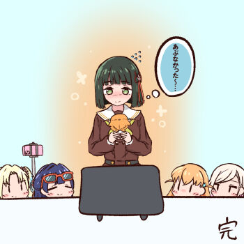 5girls bag black_bag black_hair blonde_hair blue_hair blunt_bangs blunt_ends blush bob_cut brown_dress ceras_yanagida_lilienfeld character_doll closed_eyes closed_mouth colored_speech_bubble commentary_request doll dress flower flower_knot flying_sweatdrops green_eyes grey_hair hair_down hair_flower hair_ornament happy_aura hasu_no_sora_school_uniform hinoshita_kaho jitome link!_like!_love_live! long_sleeves love_live! momose_ginko multiple_girls murano_sayaka neckerchief nesoberi nose_blush orange_hair osawa_rurino pink_flower rabbit_hair_ornament sailor_collar sailor_dress school_uniform short_hair smile speech_bubble split_mouth sukecolo thought_bubble twintails two_side_up virtual_youtuber white_sailor_collar winter_uniform yellow_neckerchief |_|