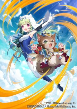 1girl animal_ear_headwear armpits blue_leotard blue_sky boots cat chatsubaki cloud cloudy_sky copyright_notice fake_animal_ears feathers gloves green_eyes green_hair leotard long_hair official_art pawpads pink_eyes shitorii_nina sky sparkle thigh_boots veil white_feathers white_gloves z/x