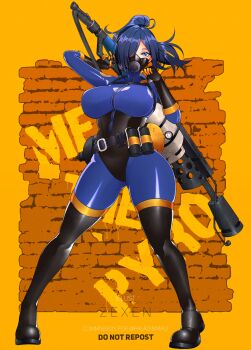 Rule 34 | 1girl, absurdres, artist name, black boots, black gloves, blu pyro (tf2), blue bodysuit, blue eyes, blue hair, bodysuit, boots, breasts, commission, explosive, flamethrower, full body, gas mask, genderswap, genderswap (otf), gloves, grenade, hair over one eye, highres, holding, holding flamethrower, holding weapon, impossible bodysuit, impossible clothes, large breasts, latex, latex bodysuit, long hair, looking at viewer, mask, pyro (tf2), respirator, solo, standing, team fortress 2, thigh boots, weapon, yellow background, zexen