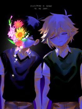 Rule 34 | 2boys, antenna hair, arms at sides, backlighting, bare arms, basil (faraway) (omori), basil (omori), black background, black hair, black sweater vest, blonde hair, brown pants, bruise, bruised eye, clenched teeth, closed mouth, collared shirt, cowboy shot, double-parted bangs, english text, expressionless, facing viewer, flipped hair, flower, flower over eye, gladiolus, glowing flower, green sweater vest, hair behind ear, hair between eyes, head tilt, highres, injury, iomor snuuy, light frown, light particles, lily of the valley, male focus, multiple boys, omori, pants, pink flower, red flower, red rose, rose, shirt, short hair, short sleeves, side-by-side, simple background, spoilers, standing, straight-on, sunflower, sunny (omori), sweater vest, teeth, very short hair, white flower, white shirt