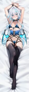 1girl absurdres alternate_costume armpits arms_up bare_shoulders bikini black_choker black_thighhighs blue_bikini blue_eyes blush bodice cerydra_(honkai:_star_rail) choker collarbone commentary commission dakimakura_(medium) diamond-shaped_pupils diamond_(shape) from_above front-tie_top full_body grey_hair hair_intakes highres honkai:_star_rail honkai_(series) lace lace-trimmed_thighhighs lace_trim long_hair looking_at_viewer low_wings lying merchandise_available no_shoes on_back parted_lips partially_visible_vulva solo swimsuit symbol-shaped_pupils thigh_gap thighhighs thighs toes very_long_hair vitaminechan wings