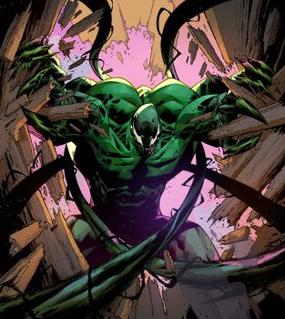 bodysuit claws highres lasher_(marvel) leo_chiola male_focus marvel marvel_snap monster_boy muscular muscular_male official_art parasite sharp_teeth slime_boy spider-man_(series) splinter symbiote tearing_up teeth tendril tendrils_from_back tentacles white_eyes wooden_wall wreckage