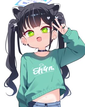 1girl animal_ear_fluff animal_ears black_collar black_hair black_nails blue_archive blue_halo center-flap_bangs collar collarbone commentary_request crosshair_pupils denim earclip earrings fang green_eyes green_sweater hair_ornament halo hand_up heart heart_hair_ornament highres jewelry loli long_hair long_sleeves looking_at_viewer midriff_peek nail_polish navel open_mouth shun_(blue_archive) shun_(small)_(blue_archive) simple_background smile solo sseopik stud_earrings sweater twintails upper_body v variant_set white_background wispy_bangs x_hair_ornament