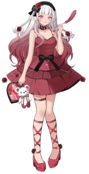 1girl bag black_bow blush bond_en bondlive bow braid charm_(object) cocone_kurobane dress full_body gradient_hair hair_bow heart-shaped_bag holding holding_bag holding_quill long_hair looking_at_viewer multicolored_hair official_art pink_eyes quill red_dress red_eyes red_hair red_shoes shoes simple_background solo stuffed_animal stuffed_toy teddy_bear thigh_strap transparent_background virtual_youtuber white_bow white_hair