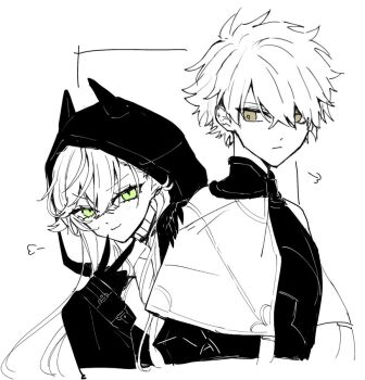 Rule 34 | 1boy, 1girl, brown eyes, fate/grand order, fate (series), galahad (fate), green eyes, greyscale, hood, hoodie, lilith (fate), lilith (first ascension) (fate), limited palette, long hair, looking at another, looking at viewer, mo (aabx315), monochrome, short hair, smirk, twintails