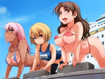 Rule 34 | 3girls, bent over, bikini, blonde hair, blue eyes, breasts, brown hair, dark-skinned female, dark skin, exodus, hatsujou! mesugaki-kyouwakoku tennen nikubenkitachi no kuni, large breasts, lineup, long hair, multiple girls, pink hair, purple eyes, red eyes, school swimsuit, short hair, slingshot swimsuit, small breasts, smile, swimsuit, tan, tanline