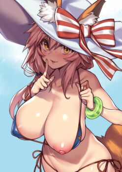 1girl animal_ear_fluff animal_ears bikini bikini_pull blue_bikini blush bow bracelet breasts clothes_pull collarbone ears_through_headwear fate/grand_order fate_(series) female_focus flashing fox_ears fox_tail fuya_(tempupupu) gradient_background hat hat_bow index_finger_raised jewelry large_breasts long_hair looking_at_viewer nipples one_breast_out open_mouth oppai_challenge pink_hair presenting_breasts side-tie_bikini_bottom simple_background smile solo striped_bow sun_hat swimsuit tail tamamo_(fate) tamamo_no_mae_(fate) tamamo_no_mae_(swimsuit_lancer)_(fate) tamamo_no_mae_(swimsuit_lancer)_(third_ascension)_(fate) yellow_eyes