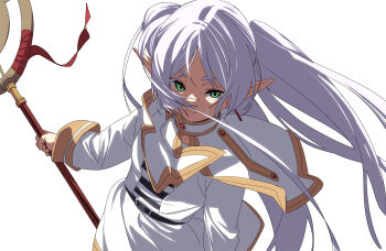 Rule 34 | 1girl, capelet, closed mouth, double-parted bangs, dress, elf, frieren, fu-ta, green eyes, grey hair, holding, holding staff, long hair, looking at viewer, pointy ears, sidelocks, smile, solo, sousou no frieren, staff, twintails, white capelet, white dress