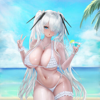 1girl :o absurdres bikini blue_eyes blue_sky blush breasts cinderella_(nikke) cleavage cloud cocktail_glass commentary cross_pendant cup drainer38 drink drinking_glass food frilled_bikini frills fruit goddess_of_victory:_nikke hair_over_one_eye highres holding holding_cup horizon large_breasts lime_(fruit) lime_slice long_hair looking_at_viewer navel o-ring o-ring_bikini one_eye_covered outdoors palm_tree parted_lips skindentation sky solo standing swimsuit tan thigh_strap tree twintails v very_long_hair white_bikini white_hair
