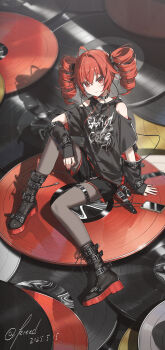 Rule 34 | 1girl, absurdres, ahoge, bare shoulders, black boots, black choker, black pantyhose, black shirt, blush, boots, cellphone, choker, closed mouth, clothing cutout, drill hair, earphones, elbow cutout, hair between eyes, hair ribbon, highres, jewelry, kasane teto, kieed, long hair, looking at viewer, necklace, pantyhose, phone, red eyes, red hair, red ribbon, revision, ribbon, shirt, shoulder cutout, sidelocks, sitting, smartphone, smile, solo, star (symbol), star necklace, twin drills, utau