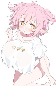 1girl :o absurdres barefoot blush bottomless breasts choker collarbone commentary cowboy_shot dot_nose fang hand_up heart heart-shaped_pupils highres huge_breasts looking_at_viewer naked_shirt off_shoulder open_mouth original pink_choker pink_hair pointy_ears shirt short_hair short_sleeves simple_background skin_fang solo symbol-shaped_pupils two_side_up urotsuki_(ku9625) white_background white_shirt yellow_eyes